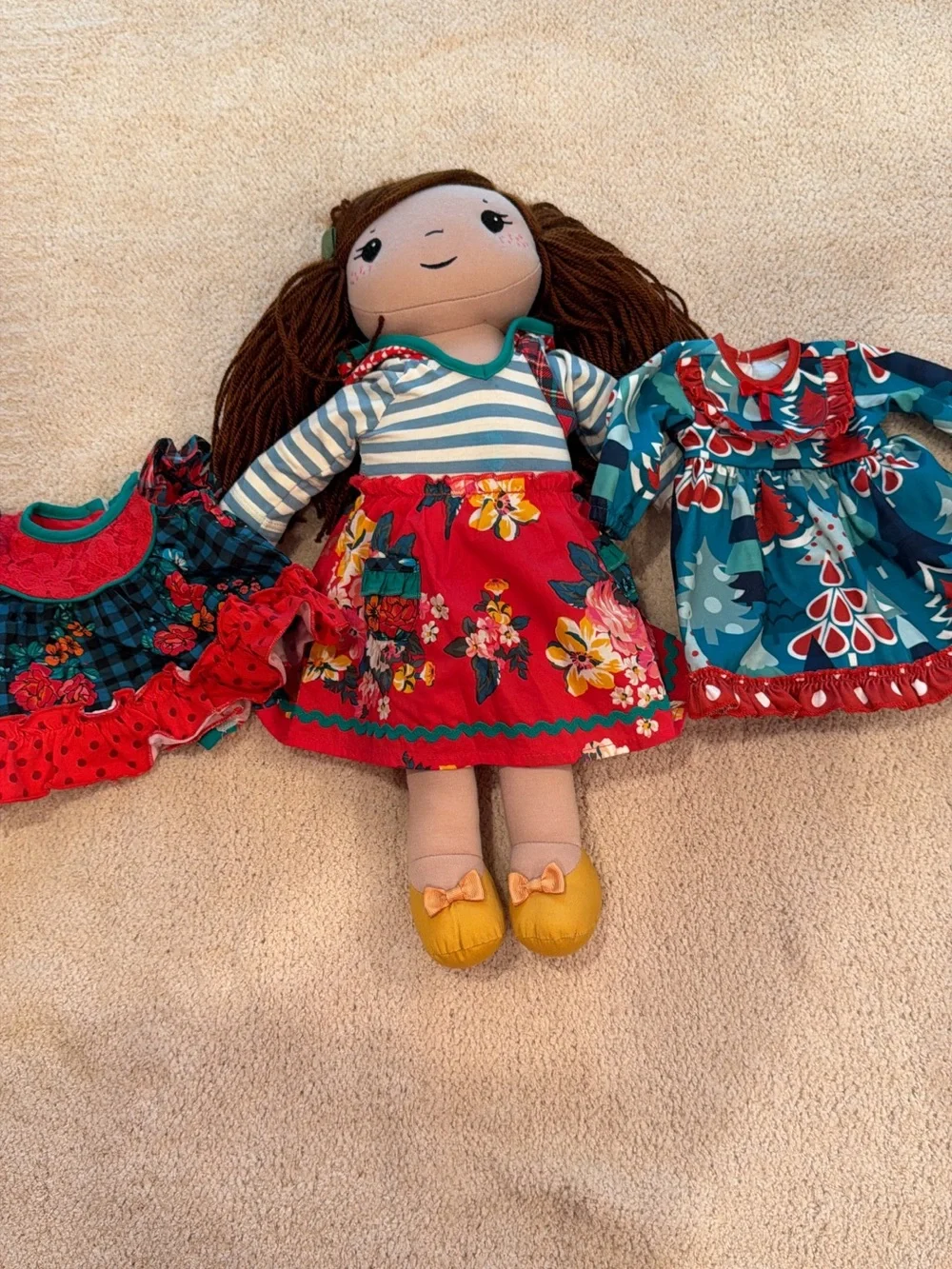 Matilda Jane Red Floral Dress Cloth Doll with Brown Yarn Hair and Yellow Shoes